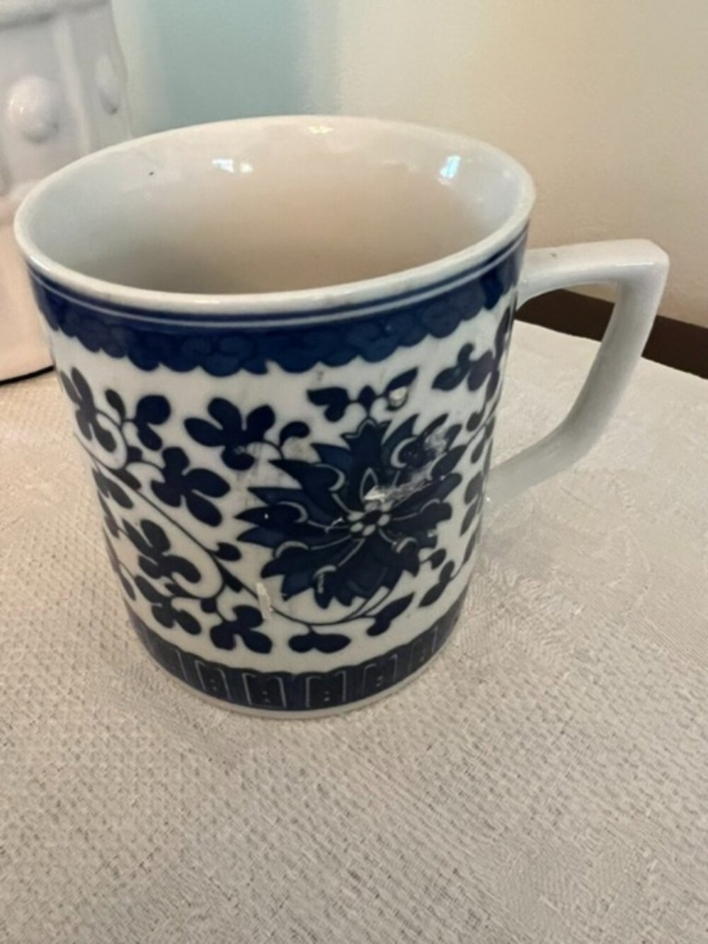 VTG Chinese Blue White Coffee Mug Porcelain Chinoiserie Oriental Mug